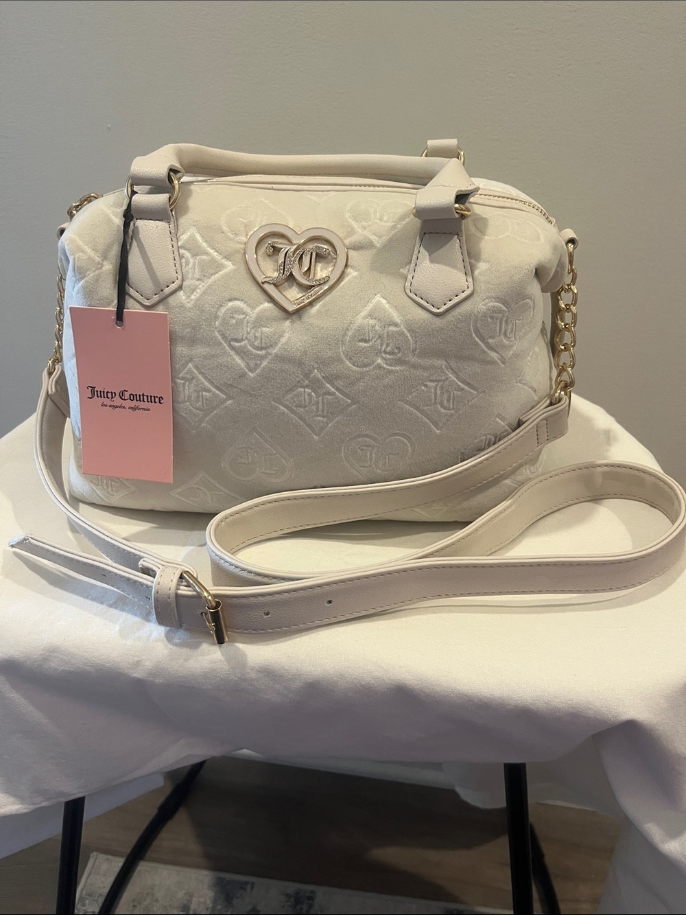Juicy Couture Cream Quilted Heart Logo Crossbody Bag